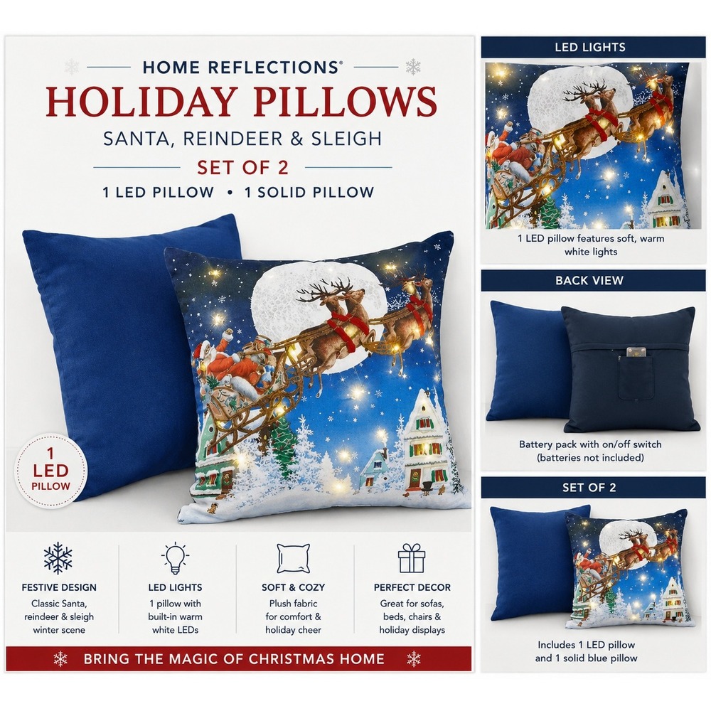 Home Reflections 18" Holiday Pillows Set of 2 Santa Reindeer Sleigh LED Blue New